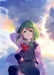  1girl :o arm_behind_head bangs black_serafuku black_shirt black_skirt blush bow cardigan clouds cloudy_sky eyebrows_visible_through_hair green_eyes green_hair hair_bow hair_ornament hairclip hand_up highres long_hair meito_(maze) morinaka_kazaki neckerchief nijisanji open_cardigan open_clothes outdoors parted_lips pink_bow pink_cardigan pleated_skirt red_neckwear sailor_collar school_uniform serafuku shirt skirt sky solo sunset virtual_youtuber white_sailor_collar wind wind_lift 