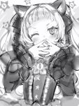  1girl animal_ears bangs blunt_bangs blush cat_ears dress fingernails gothic_lolita greyscale hands_over_own_mouth hands_up highres hololive lolita_fashion long_hair long_sleeves looking_at_viewer monochrome murasaki_shion nanashi_(nlo) official_alternate_costume one_eye_closed smile solo upper_body 