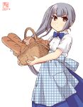  1girl alternate_costume apron artist_logo basket blue_apron blue_bow blue_neckwear blue_skirt blush bow bowtie bread checkered_apron closed_mouth dated employee_uniform eyebrows_visible_through_hair food gingham gingham_apron grey_hair high-waist_skirt highres holding holding_basket kanon_(kurogane_knights) kantai_collection kasumi_(kantai_collection) kobeya kobeya_uniform light_smile long_hair looking_at_viewer plaid plaid_apron pleated_shirt shirt short_sleeves side_ponytail signature silver_hair simple_background skirt solo uniform waitress white_background white_shirt yellow_eyes 