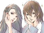  1boy 1girl akechi_gorou bangs bishounen brown_eyes brown_hair collared_shirt hair_behind_ear hair_between_eyes hair_ornament hand_on_own_cheek long_hair looking_at_viewer niijima_sae parted_lips persona persona_5 raibellchiori shirt silver_hair white_background white_shirt 