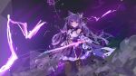  1girl bangs black_legwear closed_mouth detached_sleeves double_bun dress electricity genshin_impact hair_ornament highres holding holding_sword holding_weapon keqing_(genshin_impact) long_hair long_sleeves pantyhose purple_dress purple_hair reddizen solo sword twintails violet_eyes weapon 