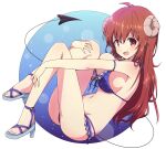  1girl bikini blue_bikini breasts curled_horns demon_horns demon_tail eyebrows_visible_through_hair frilled_bikini frills full_body highres horns legs long_hair looking_at_viewer machikado_mazoku mel_(melty_pot) navel open_mouth red_eyes redhead sandals smile solo swimsuit tail yoshida_yuuko_(machikado_mazoku) 