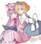  2girls alice_margatroid alice_margatroid_(pc-98) blonde_hair blue_bow blue_dress blue_eyes blue_hairband blue_ribbon book bow commentary_request dress feet_out_of_frame hairband hat hat_ribbon kneeling mob_cap multiple_girls neck_ribbon open_mouth patchouli_knowledge pink_bow pink_dress pink_headwear pink_ribbon purple_hair reading red_neckwear ribbon shirt short_sleeves sitting smile sorani_(kaeru0768) sparkle striped striped_dress touhou touhou_(pc-98) violet_eyes white_background white_bow white_shirt wrist_cuffs 