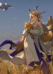  1girl animal arknights artist_name bare_shoulders bird blonde_hair closed_mouth commentary day dragon_girl dragon_horns dragon_tail earrings hair_between_eyes holding holding_plant horns jacket jewelry light_particles long_hair long_skirt long_sleeves looking_at_viewer necklace off_shoulder outdoors plant pointy_ears purple_hair ruiwen shu_(arknights) skirt smile solo standing strapless sunlight tail tube_top very_long_hair violet_eyes watermark wheat wheat_field white_hair white_jacket white_skirt white_tube_top wind 