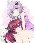  2girls :&gt; :3 ahoge bangs blush dress eyebrows_visible_through_hair hair_ornament headgear ini_(inunabe00) long_hair lying multiple_girls on_stomach purple_dress purple_hair red_eyes short_hair_with_long_locks simple_background sitting smile socks strapless strapless_dress touhoku_kiritan tube_dress two-tone_background violet_eyes vocaloid voiceroid white_legwear yuzuki_yukari 