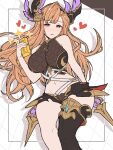  1girl bangs bare_shoulders black_legwear black_shorts blush breasts brown_eyes crop_top detached_sleeves gloves gold_bar granblue_fantasy head_wings heart highres large_breasts light_brown_hair ll_0109 long_hair looking_at_viewer lying midriff navel on_back parted_lips short_shorts shorts sidelocks smile song_(granblue_fantasy) sparkle thigh-highs thighs white_gloves 