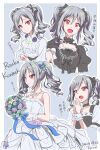  1girl :o absurdres artist_name bare_shoulders black_dress black_ribbon blouse blue_ribbon blush border bouquet character_name commentary_request dated dress drill_hair flower gloves grey_background grey_hair hair_ribbon highres holding holding_bouquet idolmaster idolmaster_cinderella_girls kanzaki_ranko medium_hair multiple_views red_eyes ribbon smile strapless strapless_dress tatami_(loop) translation_request twin_drills twintails wedding_dress white_blouse white_border white_dress white_gloves 