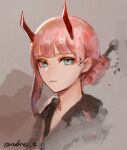  1girl alternate_costume alternate_hairstyle aqua_eyes artist_name bangs blunt_bangs darling_in_the_franxx expressionless eyeshadow grey_background hair_bun hair_ornament hair_stick horns japanese_clothes looking_at_viewer makeup ombre_t pink_hair red_eyeshadow red_horns short_bangs solo upper_body zero_two_(darling_in_the_franxx) 