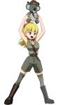  1girl :d absurdres animal armpits arms_up bangs belt black_footwear blonde_hair blunt_bangs boots brown_headwear brown_shirt commentary full_body girls_und_panzer green_eyes green_legwear green_shorts hair_ribbon highres holding holding_animal kamishima_kanon koala koala_forest_military_uniform long_hair looking_to_the_side open_mouth ponytail red_ribbon ribbon sam_browne_belt shirt shorts simple_background sleeveless sleeveless_shirt slouch_hat smile solo standing thigh-highs v-shaped_eyebrows wallaby_(girls_und_panzer) white_background zipper 