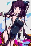  1girl bangs bare_shoulders black_dress blue_eyes blunt_bangs breasts china_dress chinese_clothes detached_sleeves dress fate/grand_order fate_(series) fish hair_ornament highres long_hair looking_at_viewer medium_breasts purple_hair shui side_slit sidelocks smile thighs tongue tongue_out twintails very_long_hair yang_guifei_(fate/grand_order) 