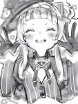  1girl bangs blunt_bangs blush facing_viewer gloves greyscale hands_up hat highres hololive long_hair monochrome murasaki_shion nanashi_(nlo) smile solo upper_body vest 