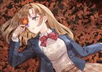  1girl arm_up autumn_leaves bangs blonde_hair blue_eyes bow bowtie breasts byulrorqual collared_shirt dress_shirt eyebrows_visible_through_hair highres holding large_breasts leaf long_hair looking_at_object looking_away lying maple_leaf on_back original parted_lips pleated_skirt red_neckwear school_uniform shirt skirt solo striped striped_neckwear twitter_username white_shirt 