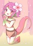  1girl :d absurdres barefoot blush chiico_1111 flower green_hair hair_flower hair_ornament hands_together highres kneeling league_of_legends looking_at_viewer multicolored multicolored_hair multicolored_skin navel neeko_(league_of_legends) open_mouth purple_hair short_hair smile tail 