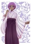  1girl bangs blush bow closed_mouth dark_skin eyebrows_visible_through_hair fate/prototype fate/prototype:_fragments_of_blue_and_silver fate_(series) hakama hassan_of_serenity_(fate) highres i.u.y japanese_clothes kimono long_sleeves looking_at_viewer purple_bow purple_hair purple_hakama sidelocks smile solo striped vertical-striped_kimono vertical_stripes violet_eyes wide_sleeves 