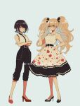  2girls alternate_costume bangs bare_shoulders black_footwear black_hair black_pants black_ribbon black_skirt blonde_hair blue_eyes blush breasts casual closed_mouth collarbone criis-chan crossed_arms dangan_ronpa dangan_ronpa_1 enoshima_junko floral_print full_body hair_ribbon hand_up high_heels ikusaba_mukuro long_hair looking_at_viewer medium_breasts multiple_girls pants red_footwear ribbon shirt shoes short_hair simple_background skirt sleeveless sleeveless_shirt symbol_commentary twintails twitter_username 