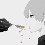 1boy avogado6 black_eyes black_gloves bleeding blood eating expressionless from_side gloves holding holding_spoon looking_at_another looking_away male_focus original partially_colored profile simple_background solo_focus spoon tears thumbtack white_background 