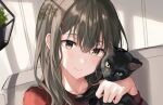  1girl animal bangs black_cat blush brown_eyes brown_hair cat closed_mouth collarbone face grey_sclera hair_ornament hairclip hand_up highres holding holding_animal indoors long_hair long_sleeves looking_at_viewer original red_shirt shirt smile solo symbol_commentary tokkyu yellow_sclera 