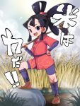  1girl bike_shorts black_eyes black_hair grass hair_rings hair_tubes hand_on_hip hoe holding japanese_clothes kimono looking_at_viewer open_mouth red_kimono sakuna-hime smile solo standing tensui_no_sakuna-hime toes wheat zootan 