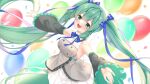 1girl balloon bangs bare_shoulders black_sleeves blue_bow bow breasts commentary_request confetti detached_sleeves dress eyebrows_visible_through_hair frilled_dress frilled_sleeves frills green_eyes green_hair grey_dress hair_bow hatsune_miku long_hair long_sleeves looking_at_viewer medium_breasts outstretched_arms pleated_dress rukinya_(nyanko_mogumogu) simple_background solo spread_arms twintails very_long_hair vocaloid white_background wide_sleeves 