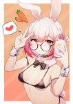  1girl 5danny1206 absurdres animal_ears arched_back arm_strap bare_shoulders bikini black-framed_eyewear black_bikini black_choker bow bowtie breasts bunny_girl bunny_tail carrot cellphone choker detached_collar glasses hands_up heart highres holding holding_phone looking_at_viewer looking_over_eyewear micro_bikini navel notice_lines original phone pink_hair rabbit_ears red_eyes round_eyewear short_hair small_breasts smartphone smile solo spoken_heart stomach string_bikini swimsuit tail two-tone_background upper_body v wrist_cuffs 