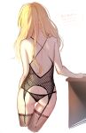  1girl absurdres ass back blonde_hair commentary cowboy_shot fishnet_legwear fishnets from_behind garter_straps highres jill_07km kirisame_marisa lingerie long_hair simple_background solo thigh_gap thighs touhou underwear underwear_only white_background 