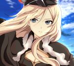  1girl azur_lane bismarck_(azur_lane) black_dress blonde_hair blue_eyes blue_sky cleavage_cutout clothing_cutout clouds commentary_request dress hair_between_eyes hat long_hair looking_to_the_side military military_uniform neinlol peaked_cap sky uniform 