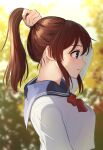  1girl blue_eyes blurry blurry_background brown_hair facing_to_the_side highres holding holding_hair idolmaster idolmaster_million_live! idolmaster_million_live!_theater_days kamille_(vcx68) outdoors ponytail profile satake_minako school_uniform serafuku solo upper_body 