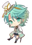  1boy alternate_hairstyle arms_behind_back blush bow bowtie chibi closed_mouth earrings eyebrows_visible_through_hair green_eyes green_hair hat high_heels holostars jewelry kagami_kira kneehighs long_sleeves looking_at_viewer male_focus nyokkiiiiin otoko_no_ko short_hair short_shorts shorts smile solo standing standing_on_one_leg top_hat transparent_background virtual_youtuber walking_stick white_headwear 