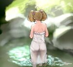  1girl ahoge ass back blonde_hair blurry blurry_background facing_away gojarun highres idolmaster idolmaster_cinderella_girls onsen pantylines satou_shin scrunchie see-through solo towel twintails 