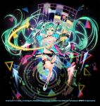 1girl :d absurdly_long_hair aqua_eyes aqua_hair armpits bandeau black_background black_choker black_gloves black_jacket black_shorts breasts choker collarbone crop_top crop_top_overhang full_body gloves half_gloves hatsune_miku headphones highres jacket leg_up long_hair looking_at_viewer medium_breasts micro_shorts midriff multiple_straps murakami_yuichi navel off_shoulder official_art open_clothes open_jacket open_mouth outstretched_arms partially_fingerless_gloves project_sekai see-through shirt shoes short_sleeves shorts simple_background smile solo stomach strap thigh_strap thighs twintails very_long_hair vocaloid 