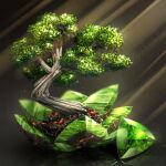  bonsai cluseller commentary_request crystal emerald_(gemstone) green_theme grey_background light_particles light_rays no_humans original partial_commentary reflection rock shiny simple_background still_life tree 