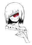  1girl absurdres bangs bare_shoulders blunt_bangs collarbone cyclops ear_piercing fingernails fox_shadow_puppet frills head_tilt highres kurome_shirome looking_at_viewer medium_hair one-eyed original piercing red_eyes simple_background sketch smug solo spiral_eyes spot_color upper_body white_background 