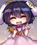  1girl animal_ears bangs black_hair bunny_tail carrot carrot_necklace closed_eyes dress eyebrows_visible_through_hair floppy_ears food gradient gradient_background inaba_tewi index_finger_raised open_mouth pink_dress rabbit_ears short_hair solo star_(symbol) tail touhou unime_seaflower vegetable white_tail 