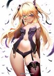  1girl bangs bare_shoulders black_feathers blonde_hair blush bow breasts chuunibyou eyepatch fischl_(genshin_impact) garter_straps genshin_impact gloves green_eyes hair_over_one_eye highres long_hair looking_at_viewer miu_(angelo_whitechoc) simple_background single_glove single_thighhigh small_breasts solo thigh-highs thighs two_side_up white_background 