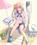  1boy animal_ears ansel_(arknights) arknights arm_support bangs beach beach_umbrella blush chair closed_mouth commentary_request crop_top crossed_bangs cup drink eyebrows_visible_through_hair food fruit hair_between_eyes highres holding holding_cup looking_at_viewer lounge_chair male_focus midriff navel otoko_no_ko pen pink_eyes pink_hair rabbit_ears sailor_collar sand school_uniform see-through shadow shell shoes shorts sitting smile solo sunlight sweat umbrella watermelon wet wet_clothes yoruhachi 