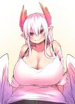  1girl absurdres black_bra blush bra bra_strap breasts demon_horns denim denim_shorts feathered_wings highres horns huge_breasts juugoya_(zyugoya) looking_at_viewer lorem_(mazohaha) mature musuko_ga_kawaikute_shikatanai_mazoku_no_hahaoya pointy_ears red_eyes red_horns shirt shorts sitting sleeves sleeves_rolled_up smile underwear white_hair white_shirt white_skin white_wings wings yellow_background 