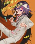  1boy bangs blood blood_on_face bloody_clothes candy cape checkered checkered_neckwear checkered_scarf dangan_ronpa food hair_between_eyes happy_halloween highres holding holding_candy holding_food holding_lollipop lollipop long_sleeves male_focus new_dangan_ronpa_v3 open_mouth orange_background ouma_kokichi purple_hair renshu_usodayo scarf simple_background solo straitjacket tongue triangular_headpiece violet_eyes 