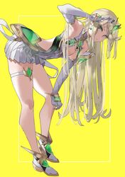  1girl absurdres adjusting_hair bent_over breasts cleavage_cutout clothing_cutout ekitabu_hosii elbow_gloves gem gloves headpiece highres long_hair looking_at_viewer medium_breasts mythra_(xenoblade) standing thigh_strap tiara xenoblade_chronicles_(series) xenoblade_chronicles_2 