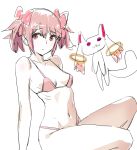  1girl :/ arm_support bikini blush bow bow_(bhp) breasts closed_mouth hair_bow kaname_madoka kyubey leaning_back light_blush looking_at_viewer mahou_shoujo_madoka_magica navel pink_bikini pink_bow pink_hair red_eyes simple_background sitting sketch small_breasts solo swimsuit twintails white_background 