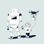  1boy 1other :d avogado6 bag black_pants brown_hair drone grey_background holding holding_hands leash long_sleeves open_mouth original pants robot shirt shoes simple_background smile walking white_shirt 