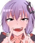  1girl bangs blush cheek_pull commentary embarrassed eyebrows_visible_through_hair face fangs hair_between_eyes hair_ornament hibiglasses nose_blush open_mouth purple_hair short_hair_with_long_locks simple_background solo upper_body violet_eyes vocaloid voiceroid white_background yuzuki_yukari 