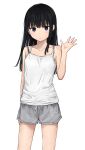  1girl arm_at_side bangs bare_shoulders black_eyes black_hair blush camisole collarbone commentary_request cowboy_shot flat_chest grey_shorts hand_up highres long_hair open_mouth original shorts simple_background solo white_background white_camisole zuima 