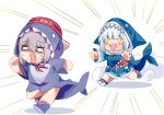  2girls absurdres alternate_costume animal_costume animal_hood bangs blue_hair blue_hoodie chasing chibi commission crossover drooling eyebrows_visible_through_hair fish_tail fleeing gawr_gura girls_frontline grey_hair hair_between_eyes hat highres hololive hololive_english hood hoodie long_sleeves m200_(girls_frontline) multicolored_hair multiple_girls open_mouth outstretched_arms running scared second-party_source shaded_face shark_costume shark_hood shark_tail sharp_teeth short_hair simple_background smoke_trail sparkling_eyes streaked_hair tail teardrop tears teeth virtual_youtuber white_background white_hair yuutama2804 
