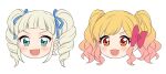  2girls :d aikatsu! aikatsu!_(series) blonde_hair blue_eyes blue_ribbon blush bow chibi dot_nose drill_hair fang gradient_hair hair_bow hair_ribbon highres looking_at_viewer multicolored_hair multiple_girls nijino_yume open_mouth pink_hair red_bow red_eyes ribbon sekina smile toudou_yurika twin_drills 