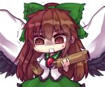  1girl arm_cannon bangs bird_wings black_wings blouse bow broken brown_eyes brown_hair cape eyebrows_visible_through_hair feathered_wings green_hair green_skirt hair_bow long_hair looking_down open_mouth puffy_short_sleeves puffy_sleeves red_eyes reiuji_utsuho short_sleeves simple_background skirt solo sweat third_eye touhou unime_seaflower weapon white_background white_blouse white_cape wings 