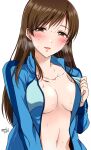  1girl blue_jacket blush breasts brown_eyes brown_hair gen_(enji) idolmaster idolmaster_cinderella_girls jacket long_hair looking_at_viewer medium_breasts naked_jacket nitta_minami no_bra open_clothes open_jacket smile solo sweat twitter_username white_background 