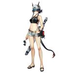  1girl alternate_costume arknights bag bare_legs bare_shoulders baseball_cap belt bikini bikini_under_clothes black_bikini blue_hair breasts ch&#039;en_(arknights) dragon_horns dragon_tail duplicate eyewear_removed flip-flops full_body grey_shorts halter_top halterneck hat heart highleg highleg_bikini holding holding_eyewear horns horns_through_headwear long_hair looking_at_viewer medium_breasts midriff navel official_art open_fly red_eyes sandals short_shorts shorts sidelocks slippers solo standing stomach sunglasses swimsuit tail thighs tied_hair transparent_background watch watch weapon yui_(niikyouzou) 