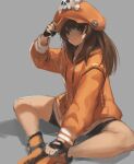  absurdres black_gloves brown_eyes brown_hair closed_mouth fingerless_gloves gloves grey_background guilty_gear hara_shoutarou hat highres hood hood_down hoodie long_hair looking_at_viewer may_(guilty_gear) orange_footwear orange_headwear orange_hoodie simple_background sitting sketch smile 