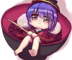 1girl bangs bowl bowl_hat closed_mouth food hat holding holding_needle in_bowl in_container japanese_clothes kimono long_sleeves minigirl needle purple_hair red_kimono short_hair simple_background solo soup sukuna_shinmyoumaru sweat touhou unime_seaflower violet_eyes white_background 