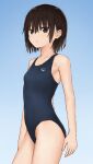  1girl black_hair blue_swimsuit breasts brown_eyes commentary competition_swimsuit cowboy_shot flat_chest gradient gradient_background hair_strand highres looking_at_viewer looking_to_the_side one-piece_swimsuit original parted_lips short_hair small_breasts solo standing swimsuit wet wet_hair zuima 